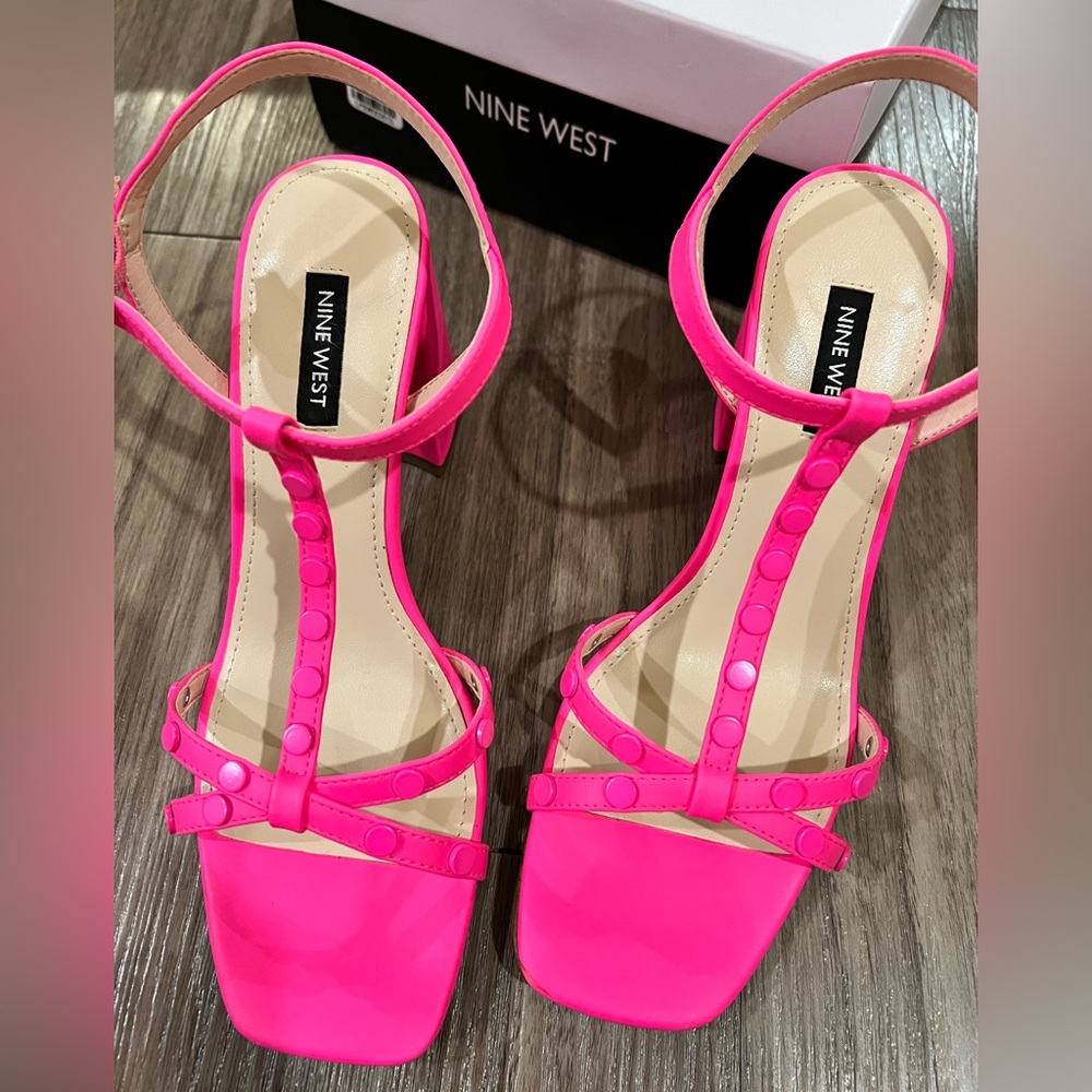 Nine West Glimmer Neon Pink Strappy Block Heel Sandals